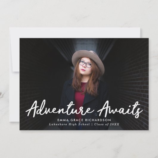 Adventure erwartet Script Navy Blue Foto Abschluss Ankündigung (Vorderseite)