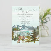 Adventure fängt Boy Rustic Deer Baby Shower an Einladung (Stehend Vorderseite)