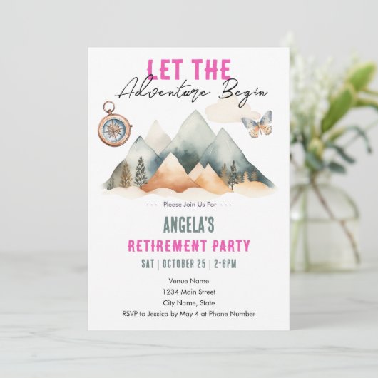 Adventure fängt das Rentirement-Party an Einladung (Stehend Vorderseite)