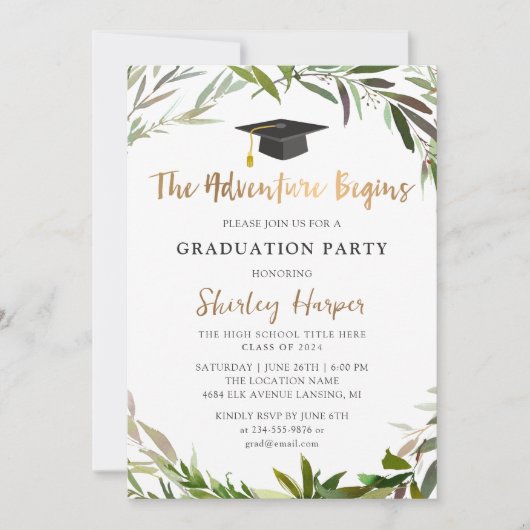 Adventure fängt Gold Script Greenery Abschluss an Einladung (Vorderseite)