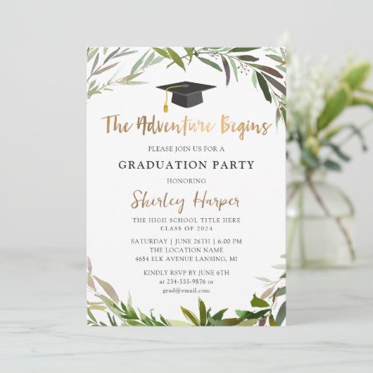 Adventure fängt Gold Script Greenery Abschluss an Einladung (Stehend Vorderseite)