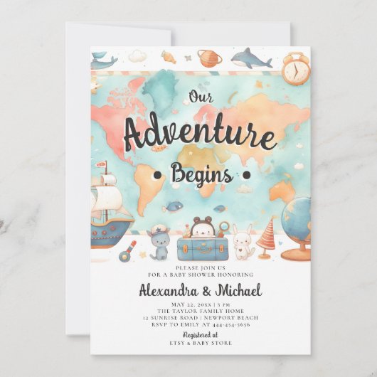Adventure fängt Map Paare Neutral Baby Shower an Einladung (Vorderseite)