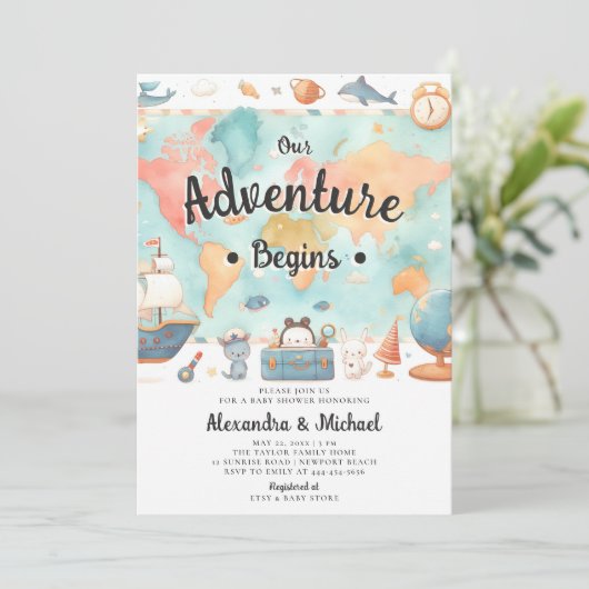 Adventure fängt Map Paare Neutral Baby Shower an Einladung (Stehend Vorderseite)