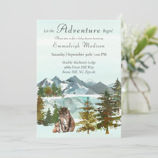 Adventure fängt Rustic Baby Shower an | Lynx Einladung (Stehend Vorderseite)