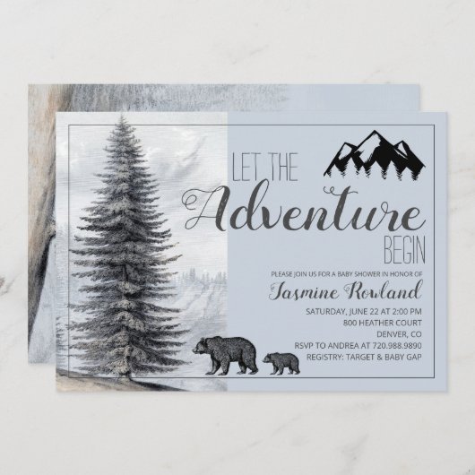 Adventure fängt Rustic Woodland Bears Kinderdusche Einladung (Vorne/Hinten)