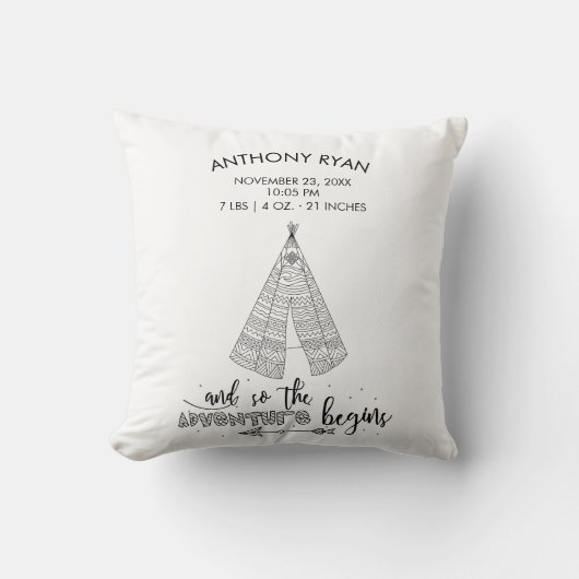 Adventure fängt Teepee Baby Birth Stats Pillow Kissen (Vorderseite)