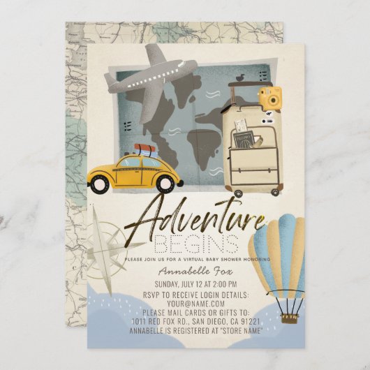 Adventure fängt Travel Map Virtual Baby Shower an Einladung (Vorne/Hinten)