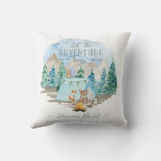 Adventure Forest Animals Camp Baby Boy Birth Stats Kissen (Rückseite)