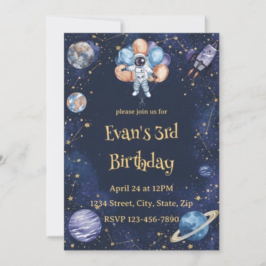 Adventure Galaxy Birthday Invitation | Astronaut Einladung (Vorderseite)
