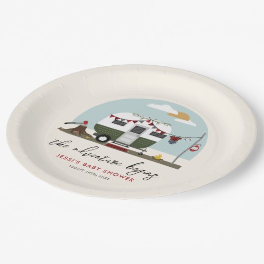 Adventure Green Camper Lumberjack Babydusche Pappteller (Schrägansicht)