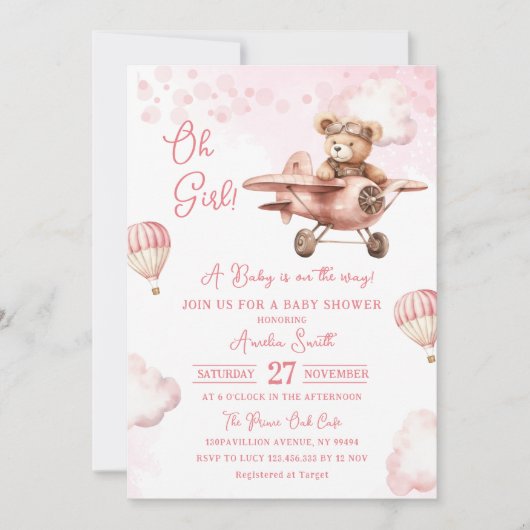 Adventure Hot Air Balloon Cute Bear Baby Shower Einladung (Vorderseite)
