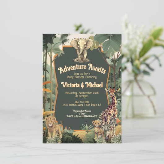 Adventure Jungle Animals Baby Dusche Einladung (Stehend Vorderseite)