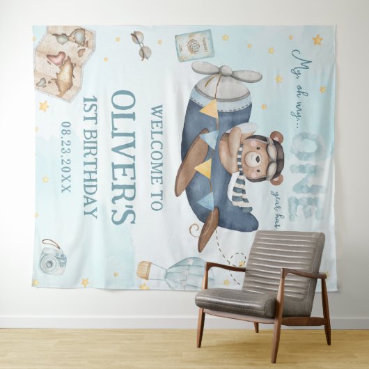 Adventure Niedlich Bear Blue Flugzeug Boy 1. Gebur Wandteppich (Beispiel (Horizontal))