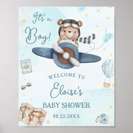 Adventure Niedlich Bear Blue Flugzeug Boy Baby Dus Poster (Vorne)