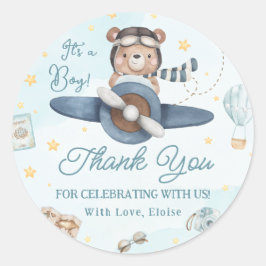 Adventure Niedlich Bear Blue Flugzeug Boy Baby Dus Runder Aufkleber