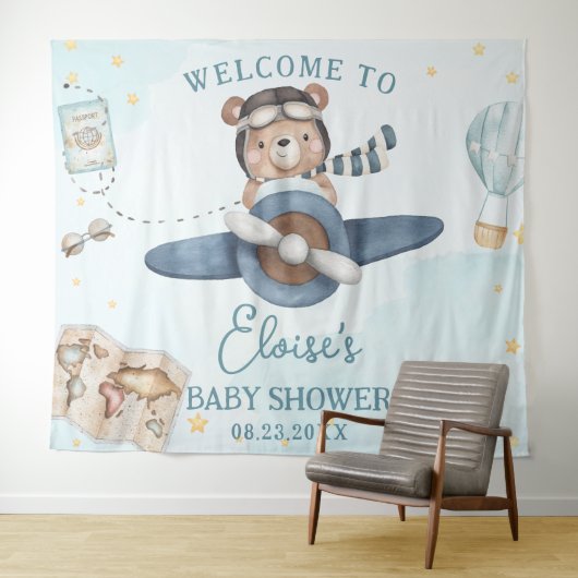 Adventure Niedlich Bear Blue Flugzeug Boy Baby Dus Wandteppich (Beispiel (Horizontal))