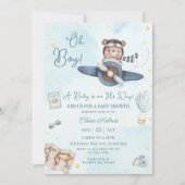 Adventure Niedlich Bear Blue Flugzeug Oh Boy Baby Einladung (Vorderseite)