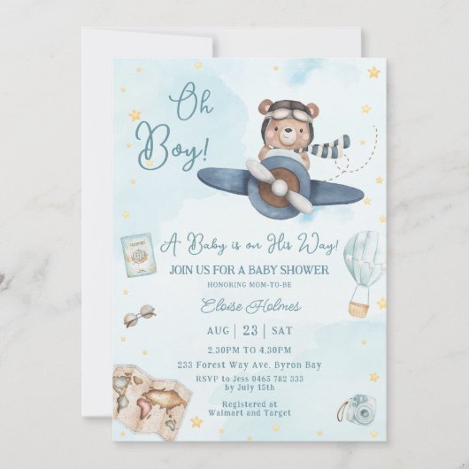 Adventure Niedlich Bear Blue Flugzeug Oh Boy Baby Einladung (Vorderseite)
