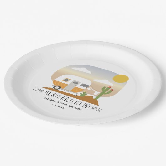 Adventure Orange Camper Clothesline Babydusche Pappteller (Schrägansicht)