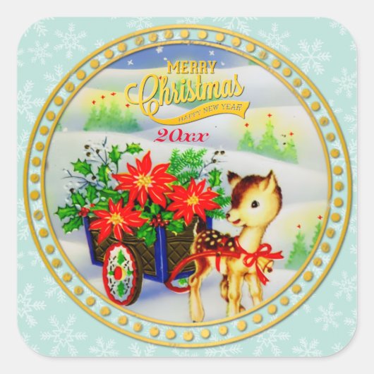 Adventure Park Vintage Weihnachten Rentier & Blume Quadratischer Aufkleber (Vorderseite)