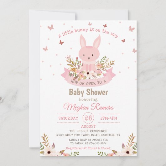 Adventure Pink Bunny mit Blume Babydusche Einladung (Vorderseite)