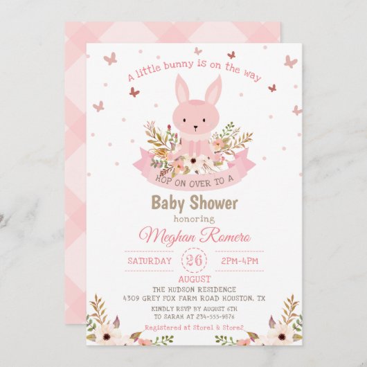 Adventure Pink Bunny mit Blume Babydusche Einladung (Vorne/Hinten)
