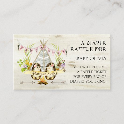 Adventure Pink Girl Igel Teepee Diaper Raffel Begleitkarte (Vorderseite)