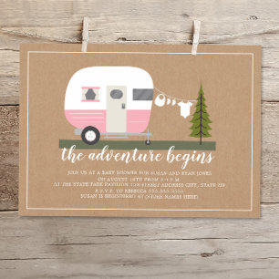 Adventure Pink Trailer Camper Woodland Babydusche Einladung