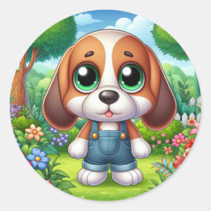Adventure Puppy in Overalls Runder Aufkleber