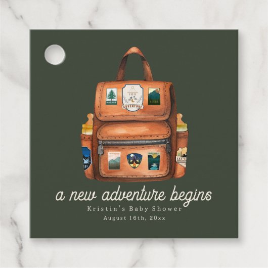 Adventure Rucksack + Flaschen Green Baby Dusche Geschenkanhänger (Vorderseite)