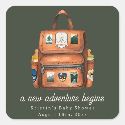 Adventure Rucksack + Flaschen Green Baby Dusche Quadratischer Aufkleber (Vorderseite)