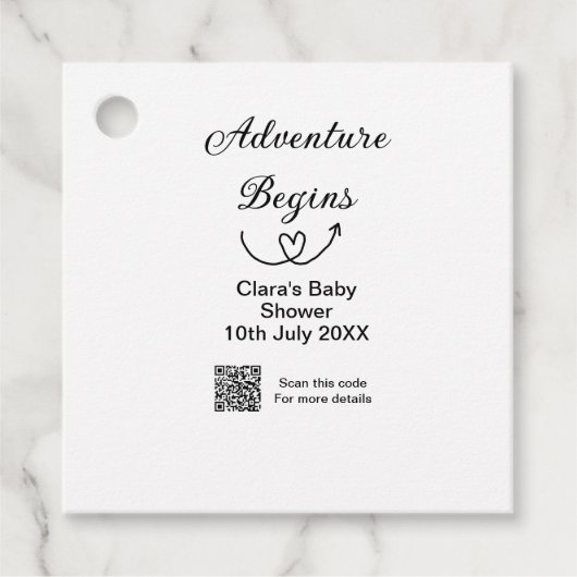 Adventure startet Baby Dusche Scan QR Geschenkanhänger (Vorderseite)