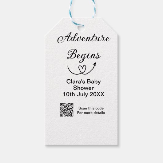Adventure startet Baby Dusche Scan QR Geschenkanhänger (Vorderseite)