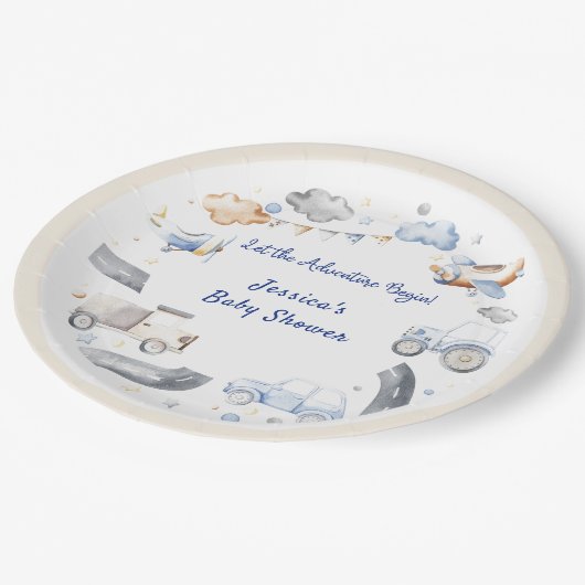 Adventure Transportation Boy Baby Shower Pappteller (Schrägansicht)