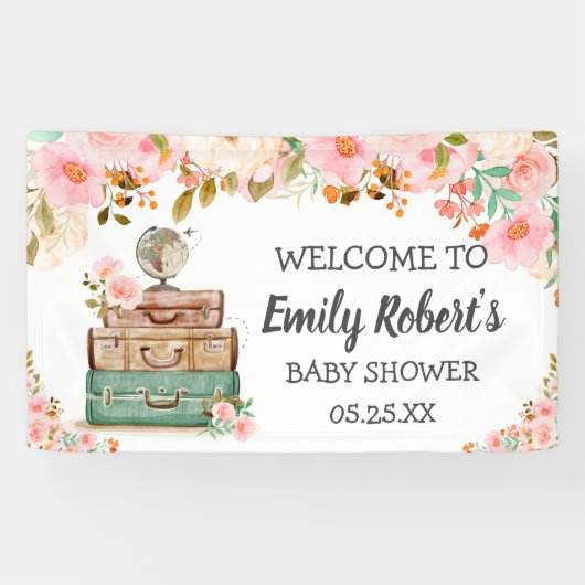 Adventure Travel Floral Greenery Girl Baby Shower Banner (Horizontal)