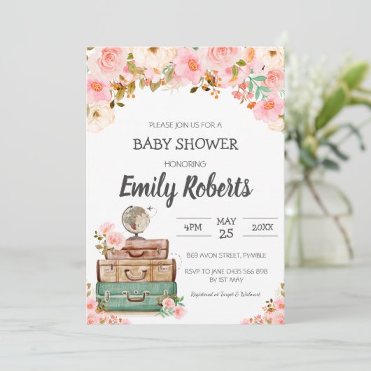 Adventure Travel Floral Greenery Girl Baby Shower Einladung (Stehend Vorderseite)