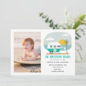Adventure Turquoise Beach Camper Baby Birth Ankündigung (Stehend Vorderseite)