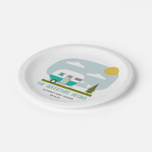 Adventure Turquoise Retro Camper Babydusche Pappteller (Schrägansicht)