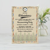 "Adventure" Vintage Travel Map Housewarming Party Einladung (Stehend Vorderseite)