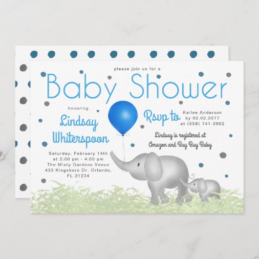 Adventure Wassercolor Elephants Boy Baby Dusche Einladung (Vorne/Hinten)