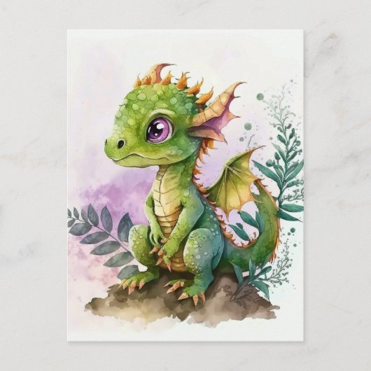 Adventure Watercolor Kinderdrache mit Lila Augen Postkarte (Vorderseite)