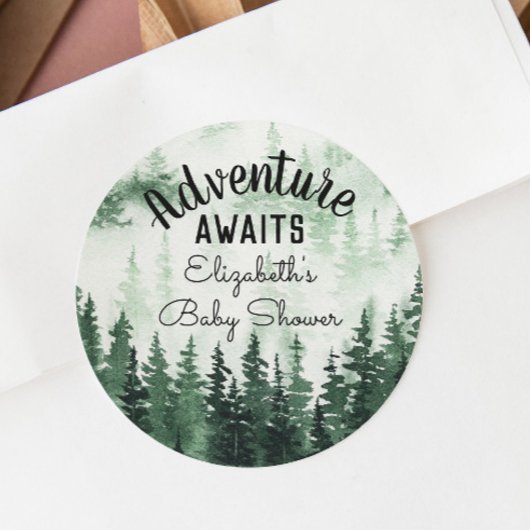 Adventure Watercolor Misty Forest Baby Shower Runder Aufkleber