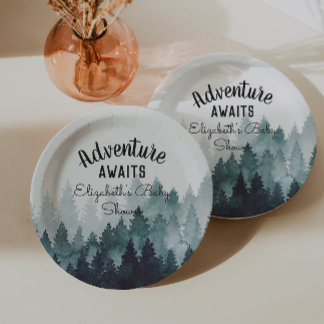 Adventure Watercolor Rustic Forest Baby Dusche Pappteller