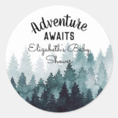 Adventure Watercolor Rustic Forest Baby Dusche Runder Aufkleber (Vorderseite)