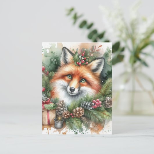 Adventure Watercolor Weihnachtsfox Postkarte (Stehend Vorderseite)
