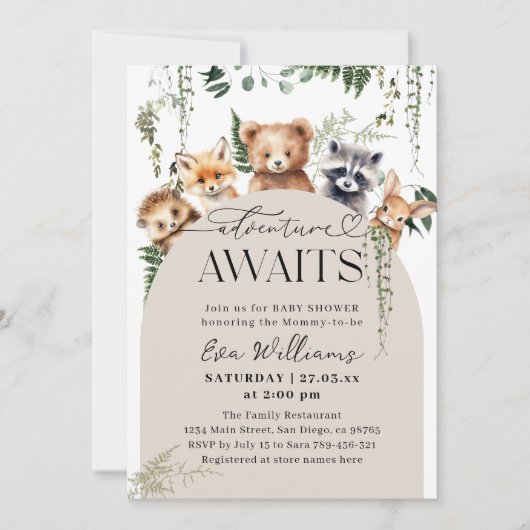 Adventure Woodland Animal Neutral Baby Shower Einladung (Vorderseite)