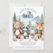 Adventure Woodland Animals Wanderjunge Babydusche Einladung (Vorderseite)