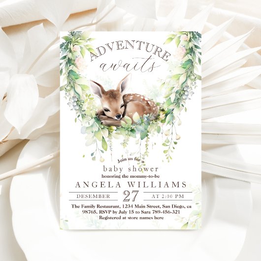 Adventure Woodland Deer Greenery Baby Shower Einladung