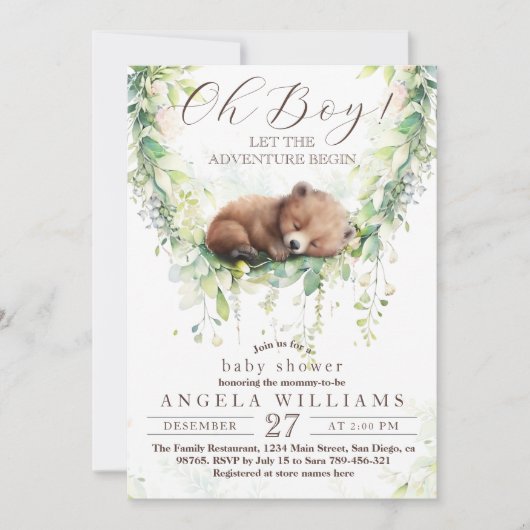 Adventure Woodland Greenery Baby Boy Shower Einladung (Vorderseite)