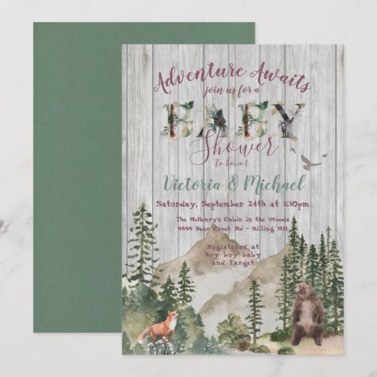 Adventure Woodland mountain forest Baby Shower Einladung (Vorne/Hinten)